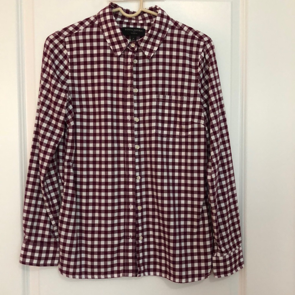 Banana Republic shirt. Cranberry and white checked.